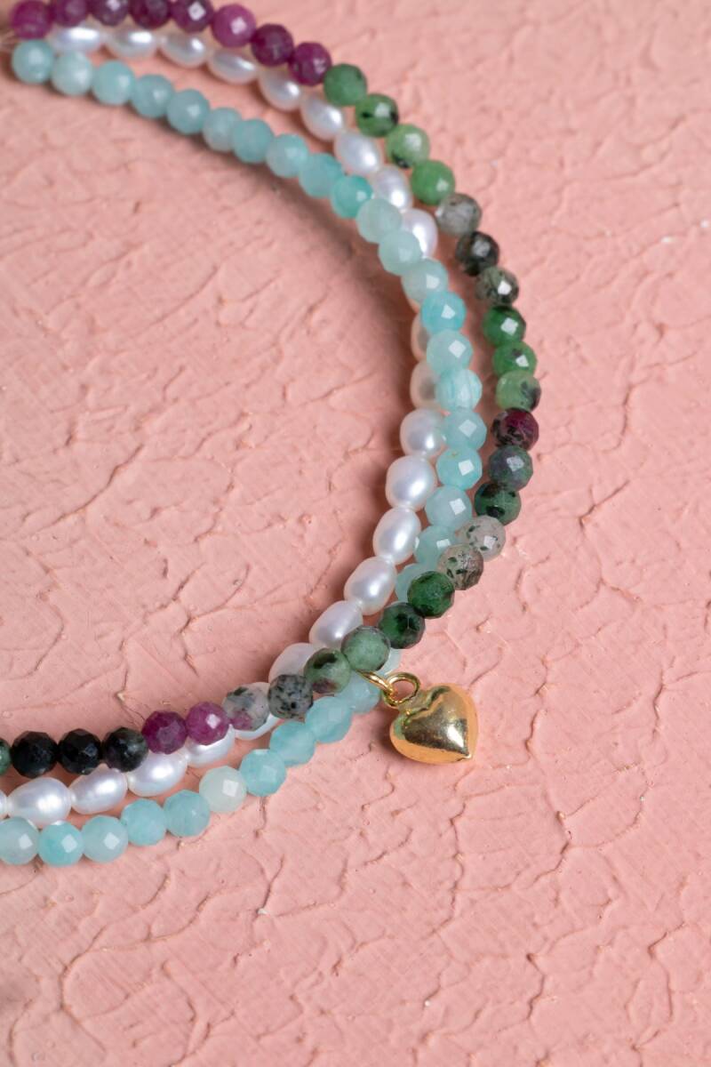 Sertifikalı İnci, Amazonit, Anyolit Gümüş Kalp Charmlı Aparatlı ve Kapama Doğal Taş Bileklik (SK:383) - 3