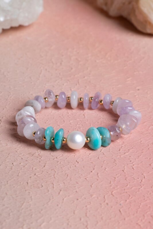 Sertifikalı İnci, Ametist, Amazonit Doğal Taş Bileklik (SK:278) - 3