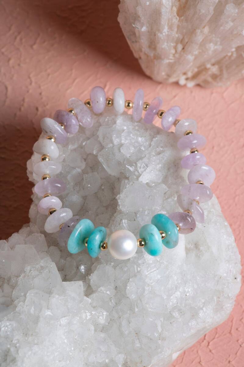 Sertifikalı İnci, Ametist, Amazonit Doğal Taş Bileklik (SK:278) - 4