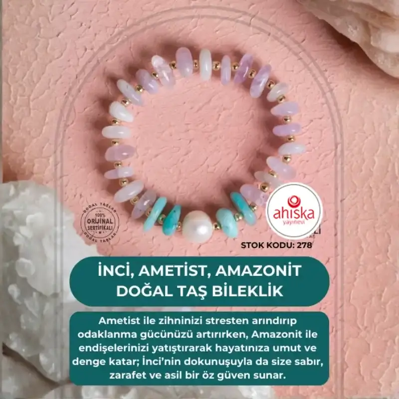 Sertifikalı İnci, Ametist, Amazonit Doğal Taş Bileklik (SK:278) - 1