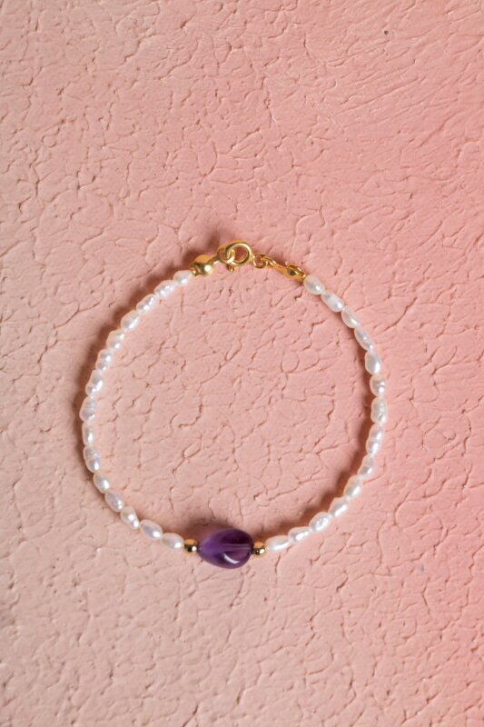 Sertifikalı İnci, Ametist Gümüş Kapama Doğal Taş Bileklik (SK:065) - Doğal Taş