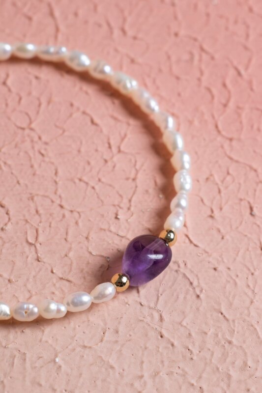 Sertifikalı İnci, Ametist Gümüş Kapama Doğal Taş Bileklik (SK:065) - 3