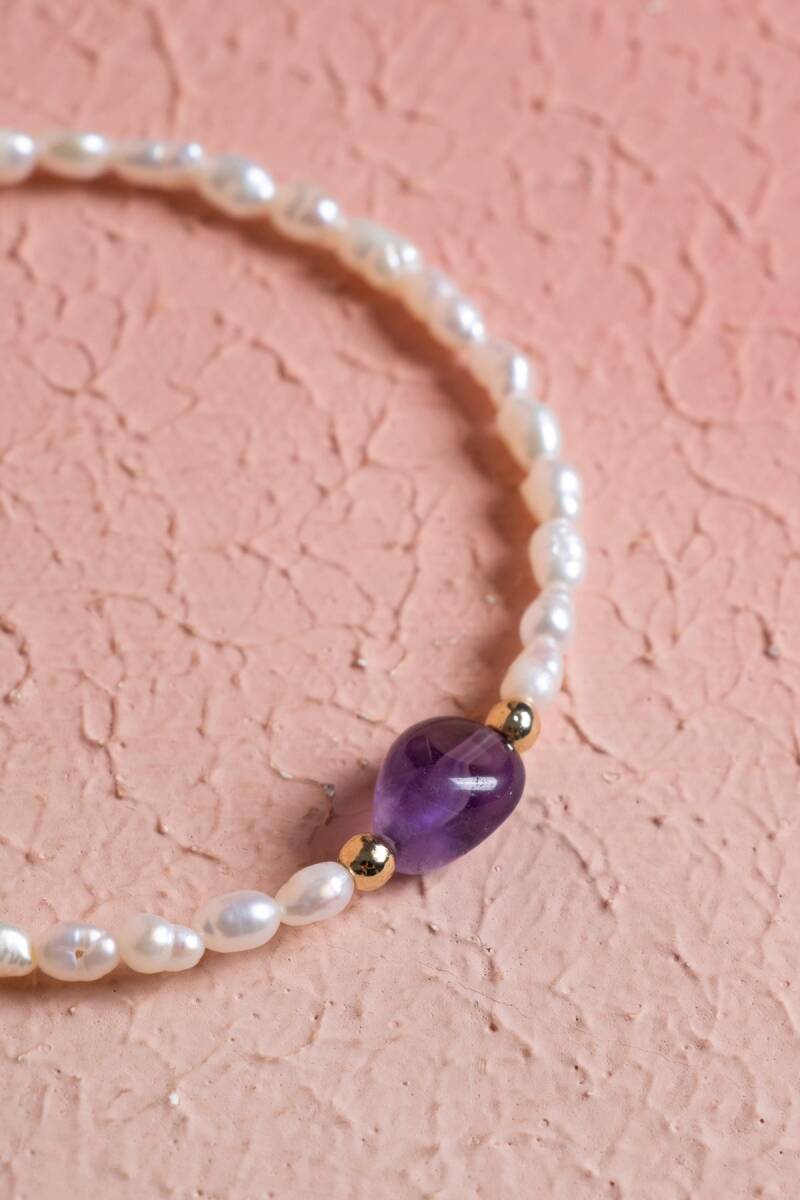 Sertifikalı İnci, Ametist Gümüş Kapama Doğal Taş Bileklik (SK:065) - 3