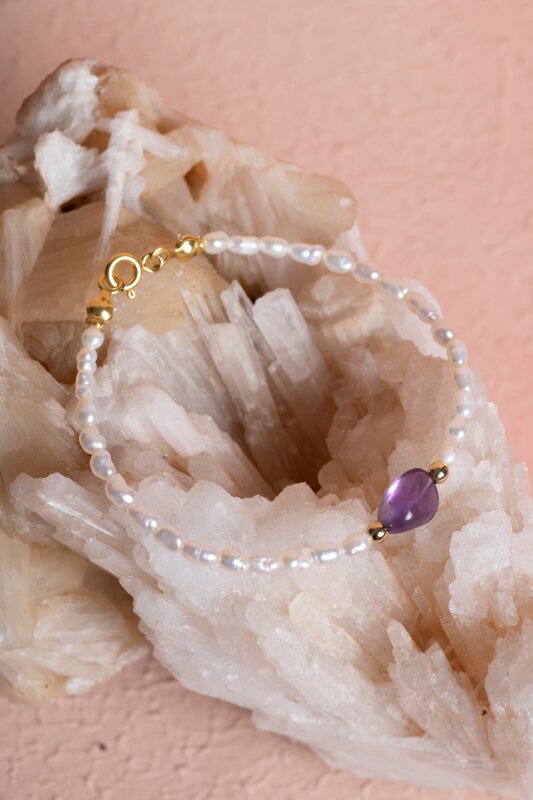 Sertifikalı İnci, Ametist Gümüş Kapama Doğal Taş Bileklik (SK:065) - 5