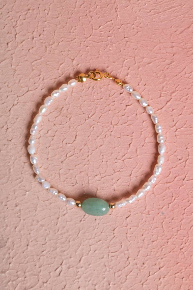 Sertifikalı İnci, Aventurin Gümüş Kapama Doğal Taş Bileklik (SK:067) - 1