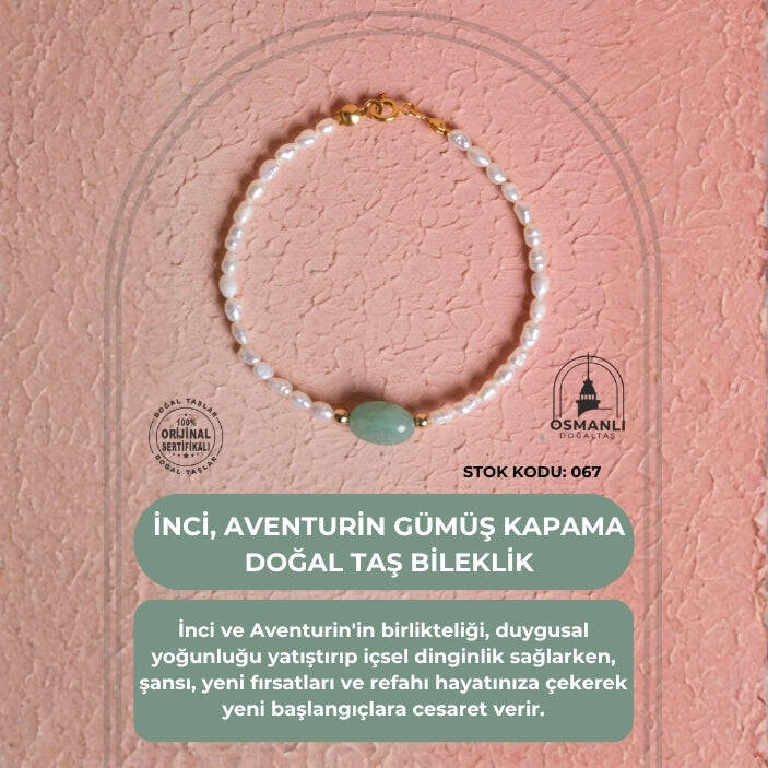 Sertifikalı İnci, Aventurin Gümüş Kapama Doğal Taş Bileklik (SK:067) - 2