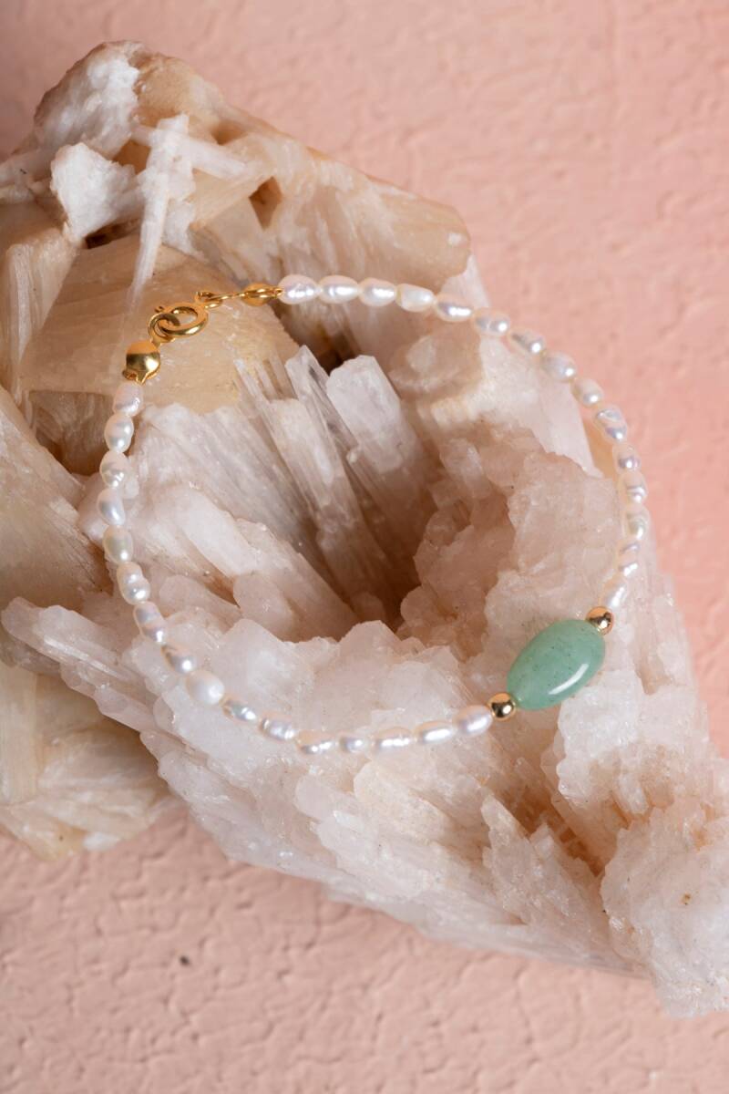 Sertifikalı İnci, Aventurin Gümüş Kapama Doğal Taş Bileklik (SK:067) - 5