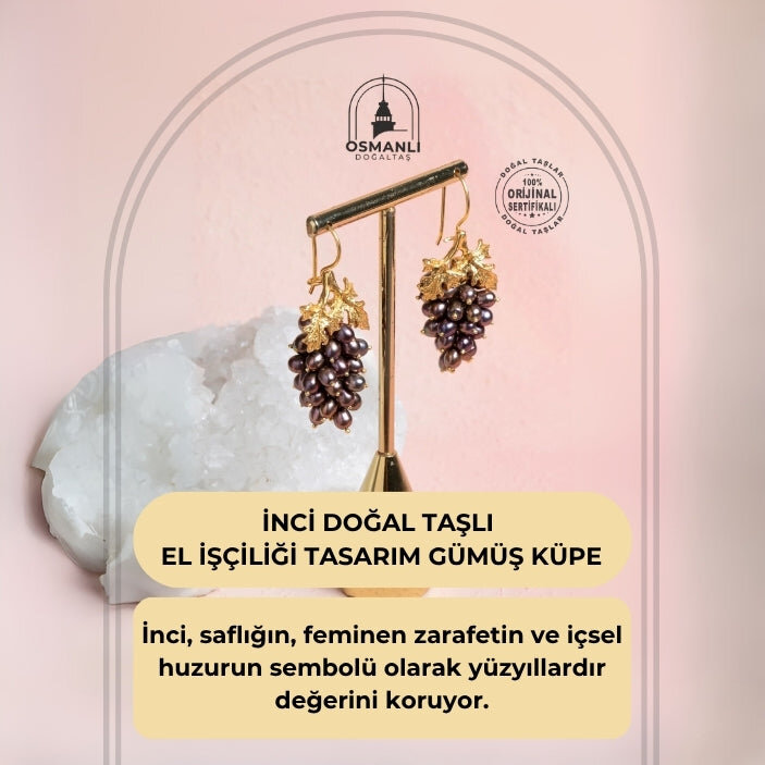 Sertifikalı İnci Doğal Taşlı El İşçiliği Tasarım Gümüş Küpe - 2