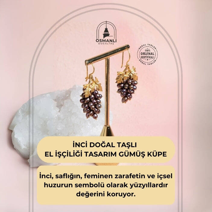 Sertifikalı İnci Doğal Taşlı El İşçiliği Tasarım Gümüş Küpe - 2