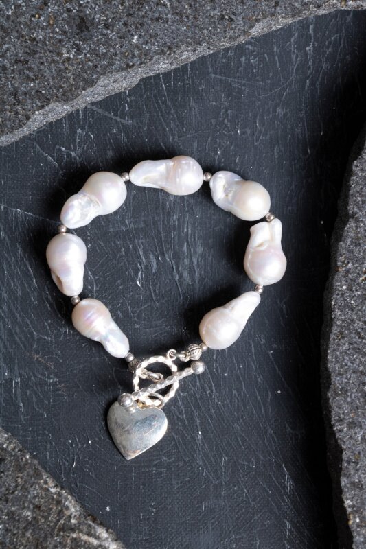Sertifikalı İnci Gümüş Kalp Aparatlı Doğal Taş Bileklik (SK:235) - Doğal Taş