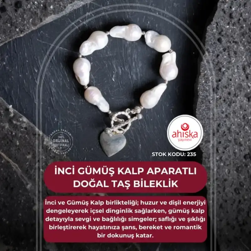 Sertifikalı İnci Gümüş Kalp Aparatlı Doğal Taş Bileklik (SK:235) - 2