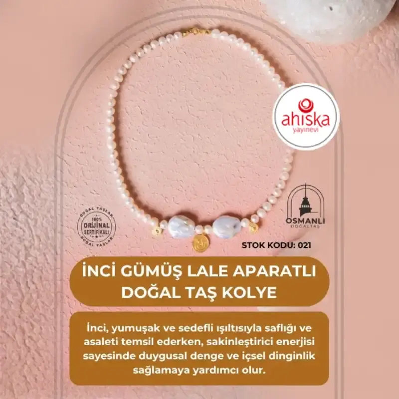 Sertifikalı İnci Gümüş Lale Aparatlı Doğal Taş Kolye (SK:021) - 2