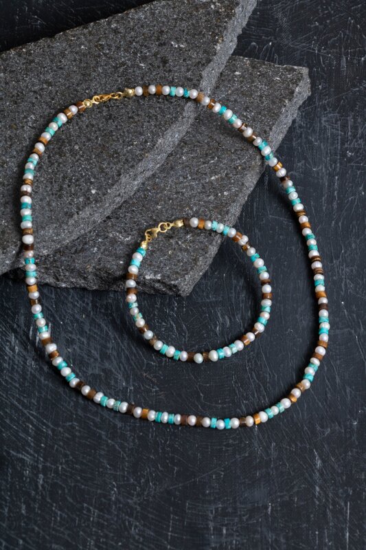 Sertifikalı İnci Kaplan Gözü Turkuaz Gümüş Kapama Doğal Taş Seti - Doğal Taş