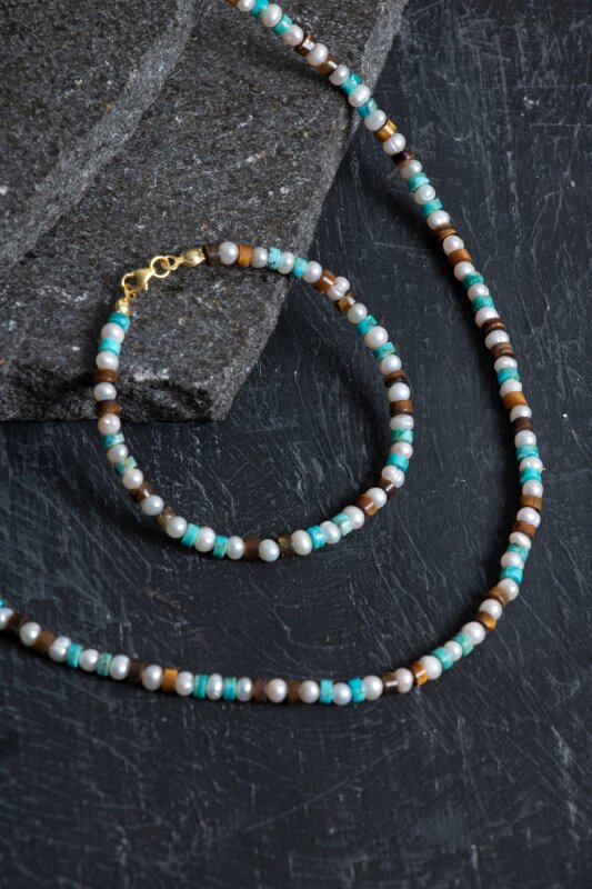 Sertifikalı İnci Kaplan Gözü Turkuaz Gümüş Kapama Doğal Taş Seti - 2