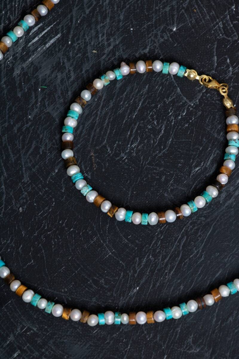 Sertifikalı İnci Kaplan Gözü Turkuaz Gümüş Kapama Doğal Taş Seti - 3