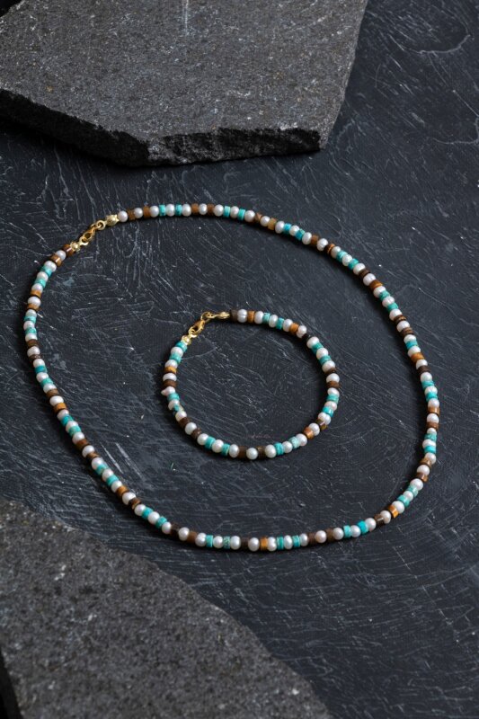 Sertifikalı İnci Kaplan Gözü Turkuaz Gümüş Kapama Doğal Taş Seti - 4