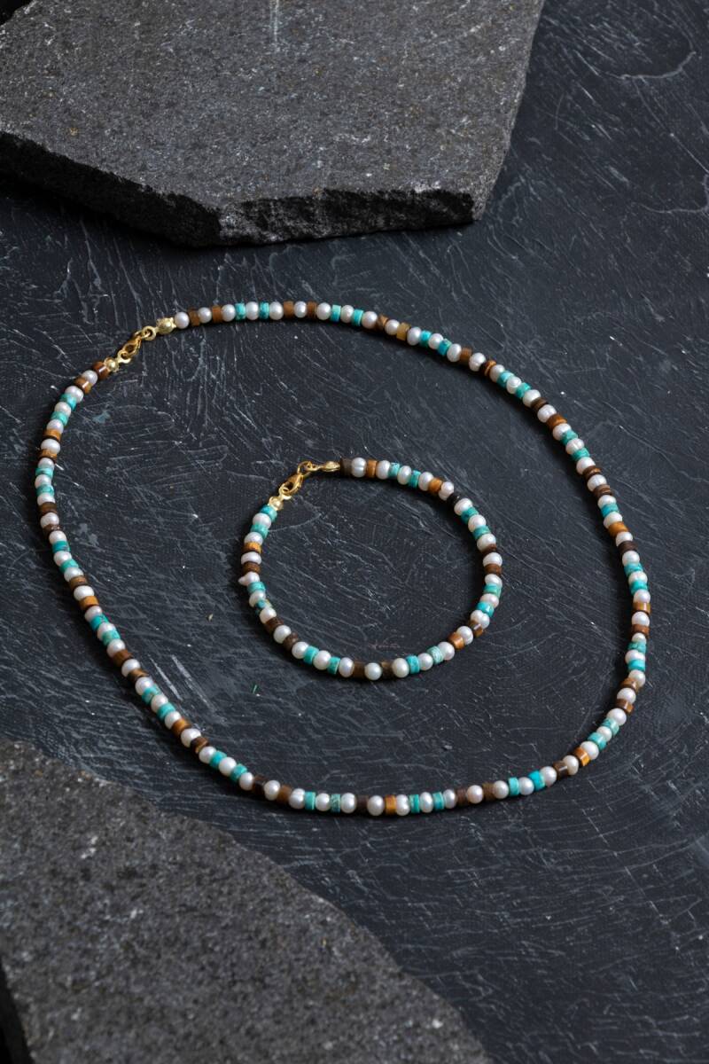 Sertifikalı İnci Kaplan Gözü Turkuaz Gümüş Kapama Doğal Taş Seti - 4