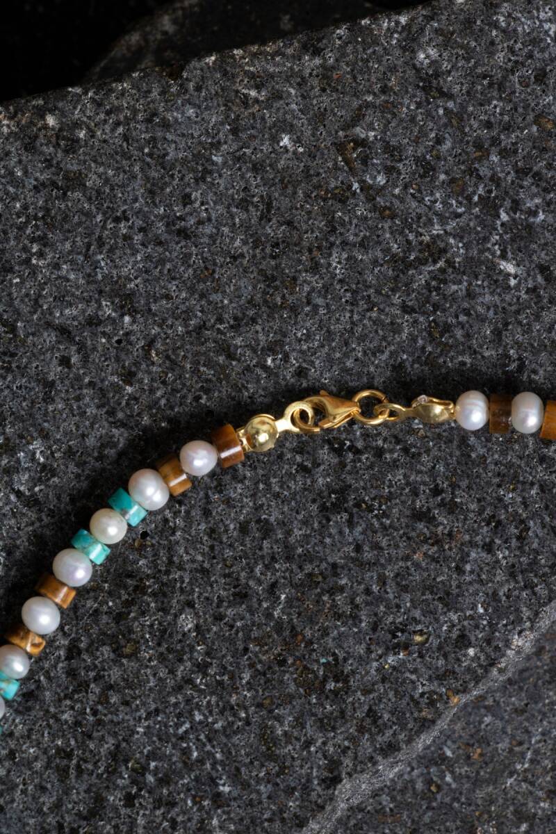 Sertifikalı İnci Kaplan Gözü Turkuaz Gümüş Kapama Doğal Taş Seti - 5