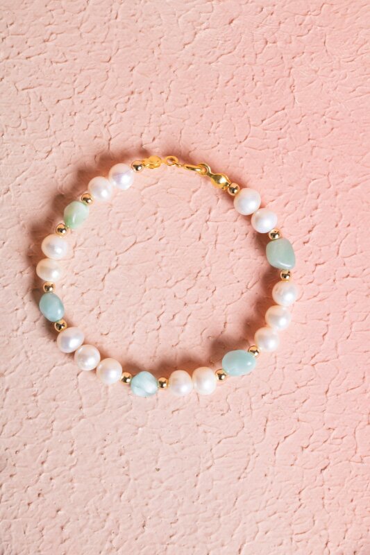 Sertifikalı İnci, Larimar Gümüş Aparatlı Doğal Taş Bileklik (SK:056) - Doğal Taş