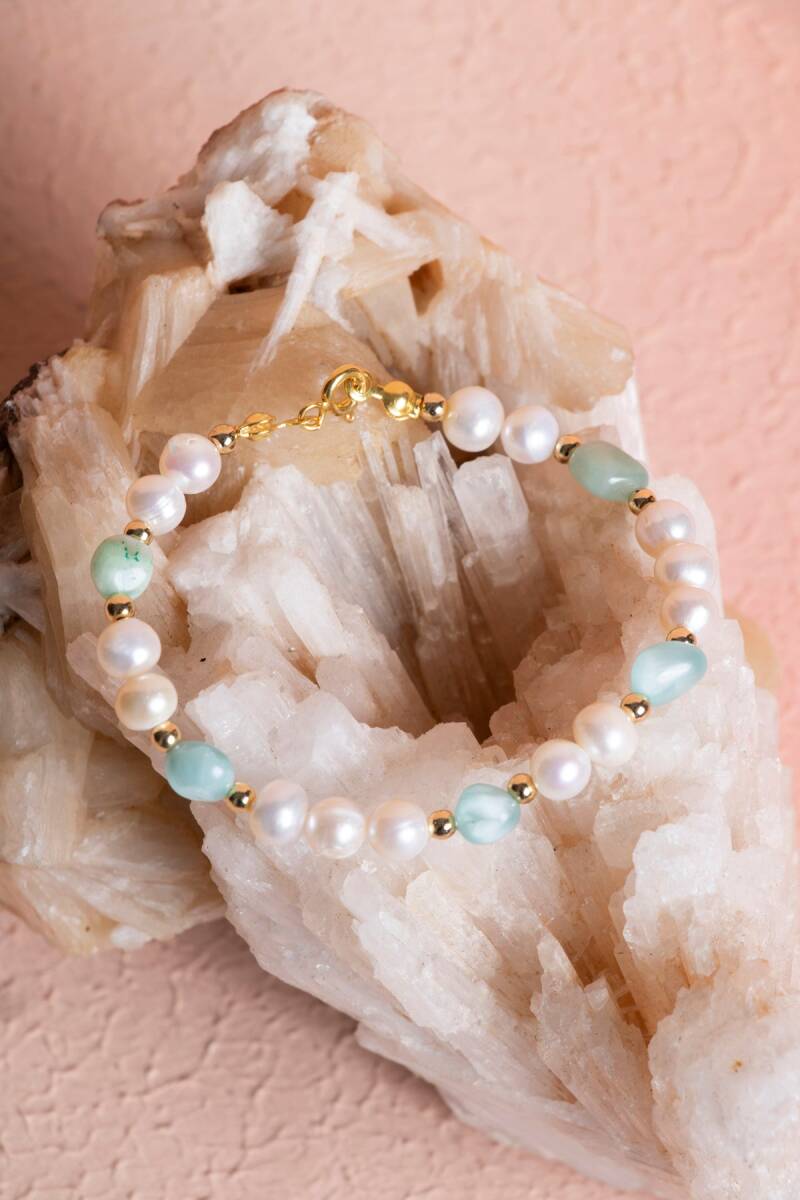 Sertifikalı İnci, Larimar Gümüş Aparatlı Doğal Taş Bileklik (SK:056) - 4