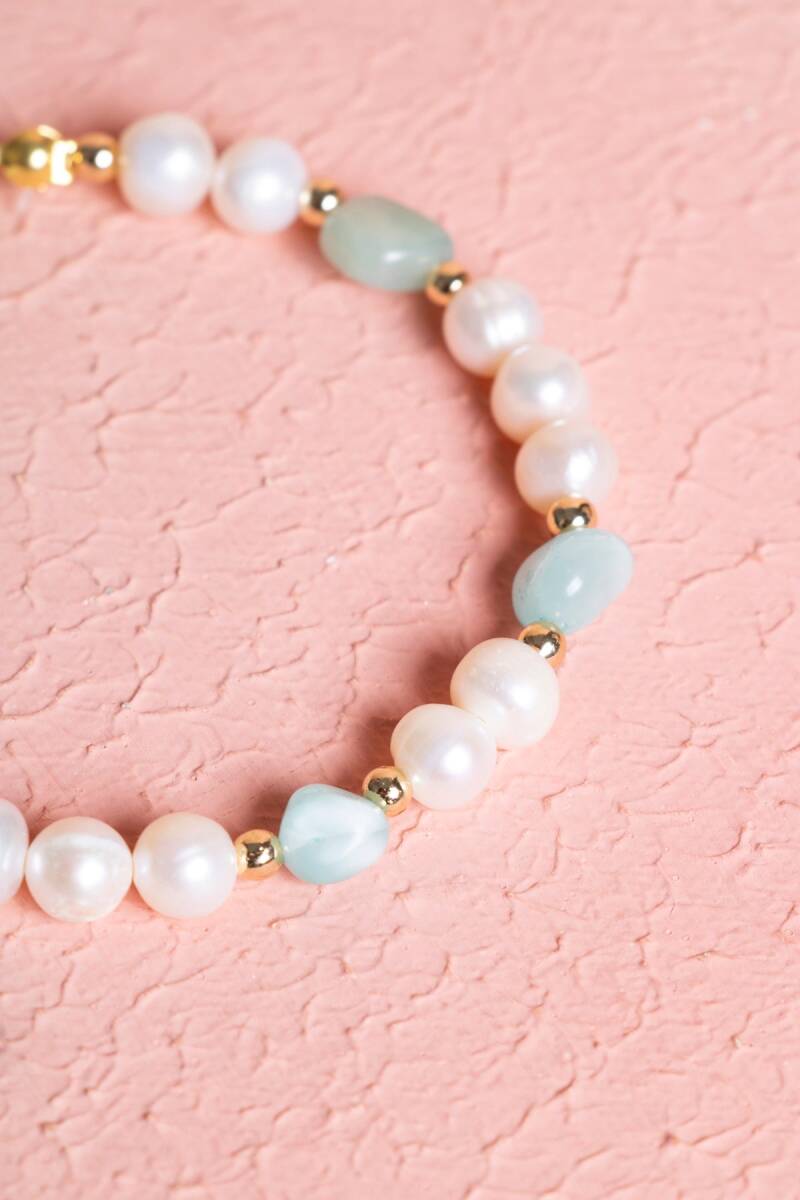 Sertifikalı İnci, Larimar Gümüş Aparatlı Doğal Taş Bileklik (SK:056) - 5