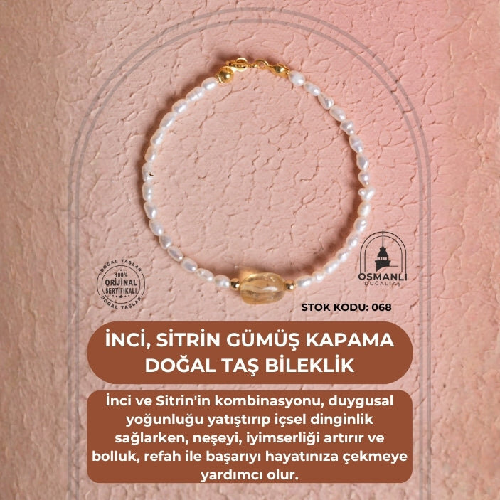 Sertifikalı İnci, Sitrin Gümüş Kapama Doğal Taş Bileklik (SK:068) - 2