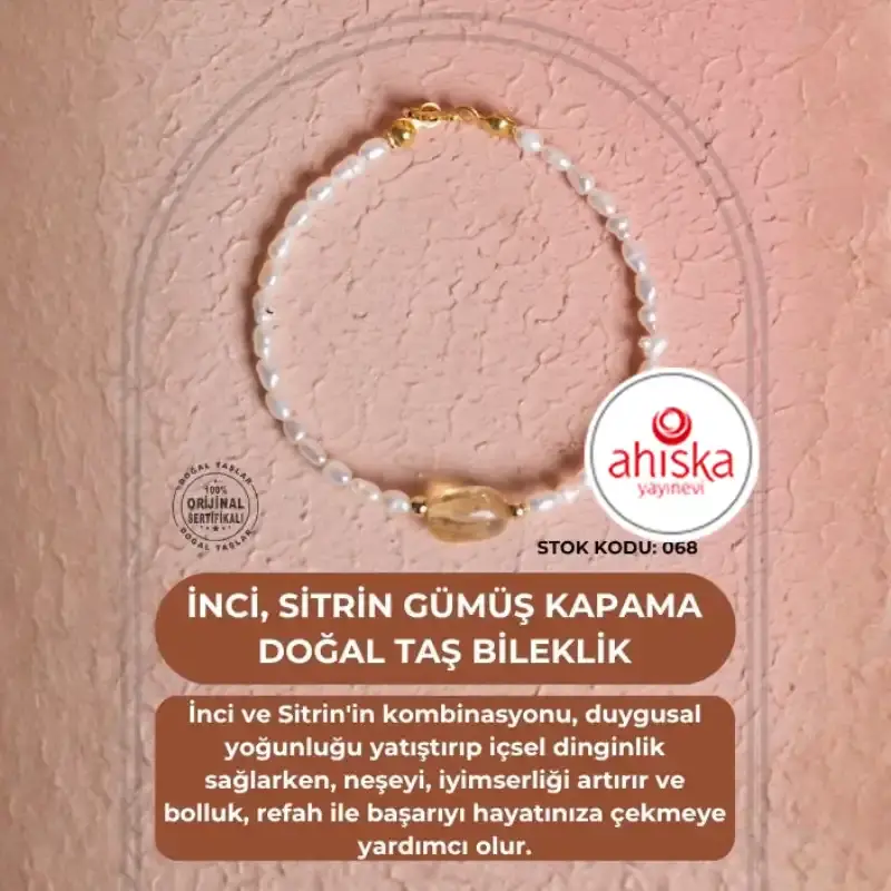 Sertifikalı İnci, Sitrin Gümüş Kapama Doğal Taş Bileklik (SK:068) - 2