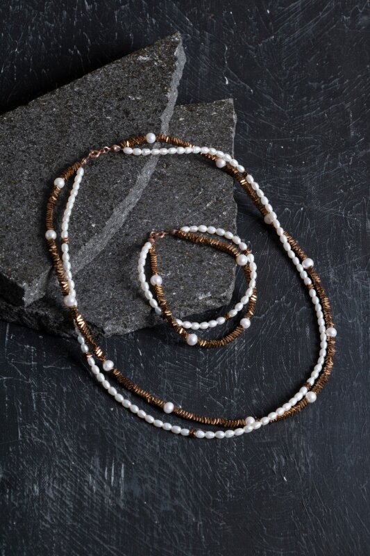 Sertifikalı İnci ve Hematit Doğaltaş Takım - Doğal Taş