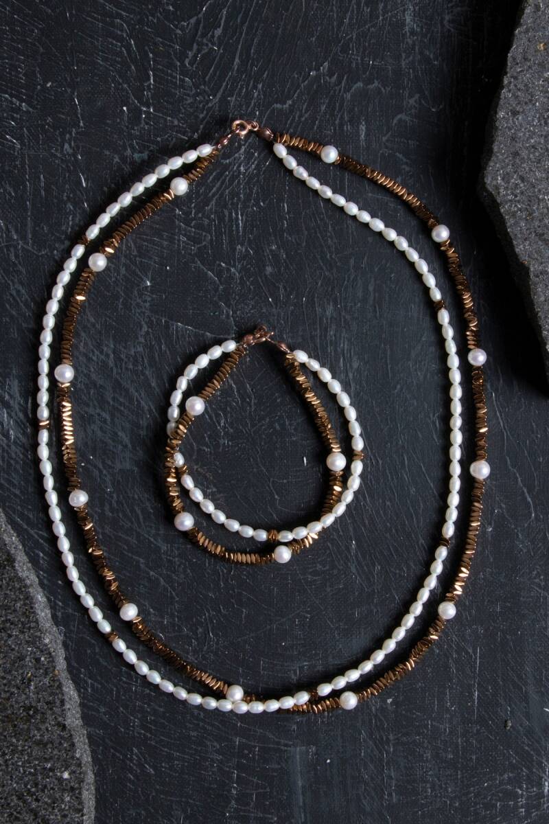 Sertifikalı İnci ve Hematit Doğaltaş Takım - 3