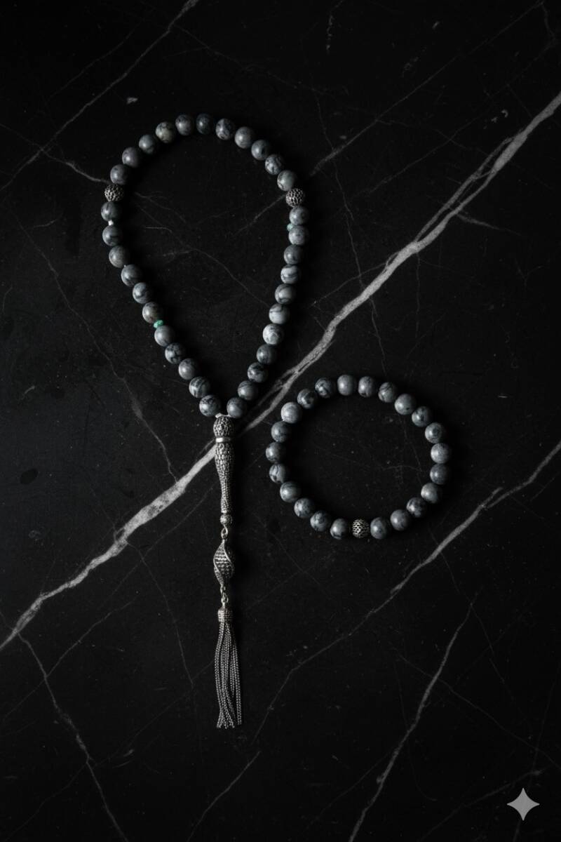 Sertifikalı Jasper 925 Ayar Gümüş 8 mm İmameli Tesbih & Bileklik Seti - 3