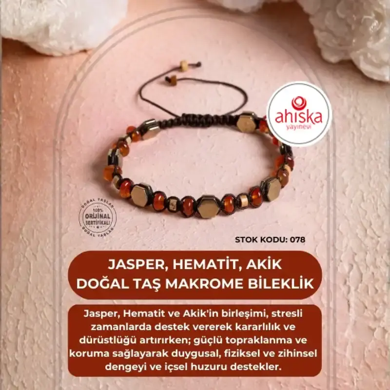 Sertifikalı Jasper, Hematit, Akik Doğal Taş Makrome Bileklik (SK:078)