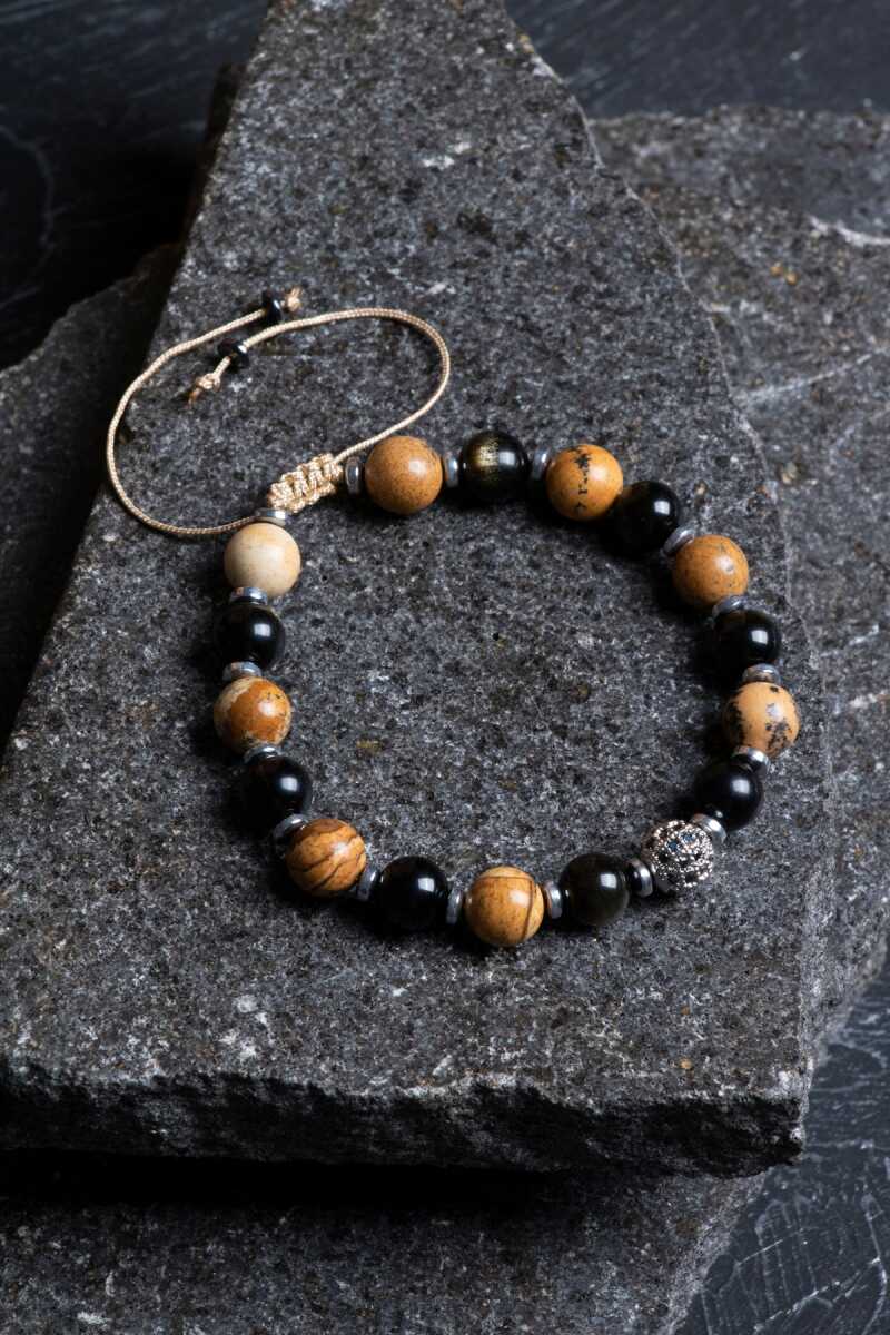 Sertifikalı Jasper, Obsidyen, Hematit Doğal Taş Makrome Bileklik