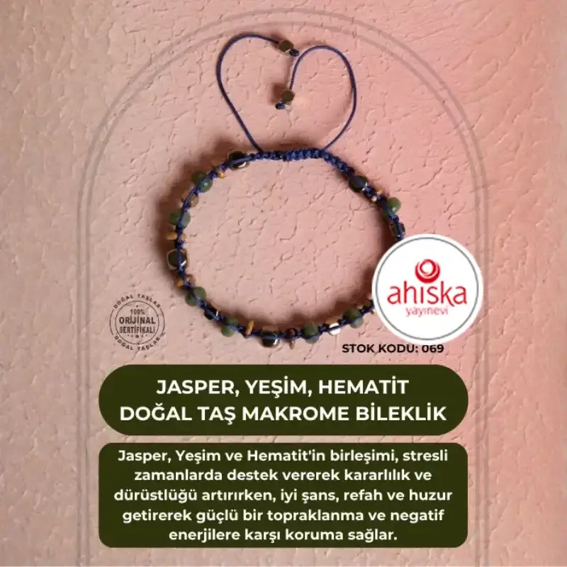 Sertifikalı Jasper, Yeşim, Hematit Doğal Taş Makrome Bileklik (SK:069)