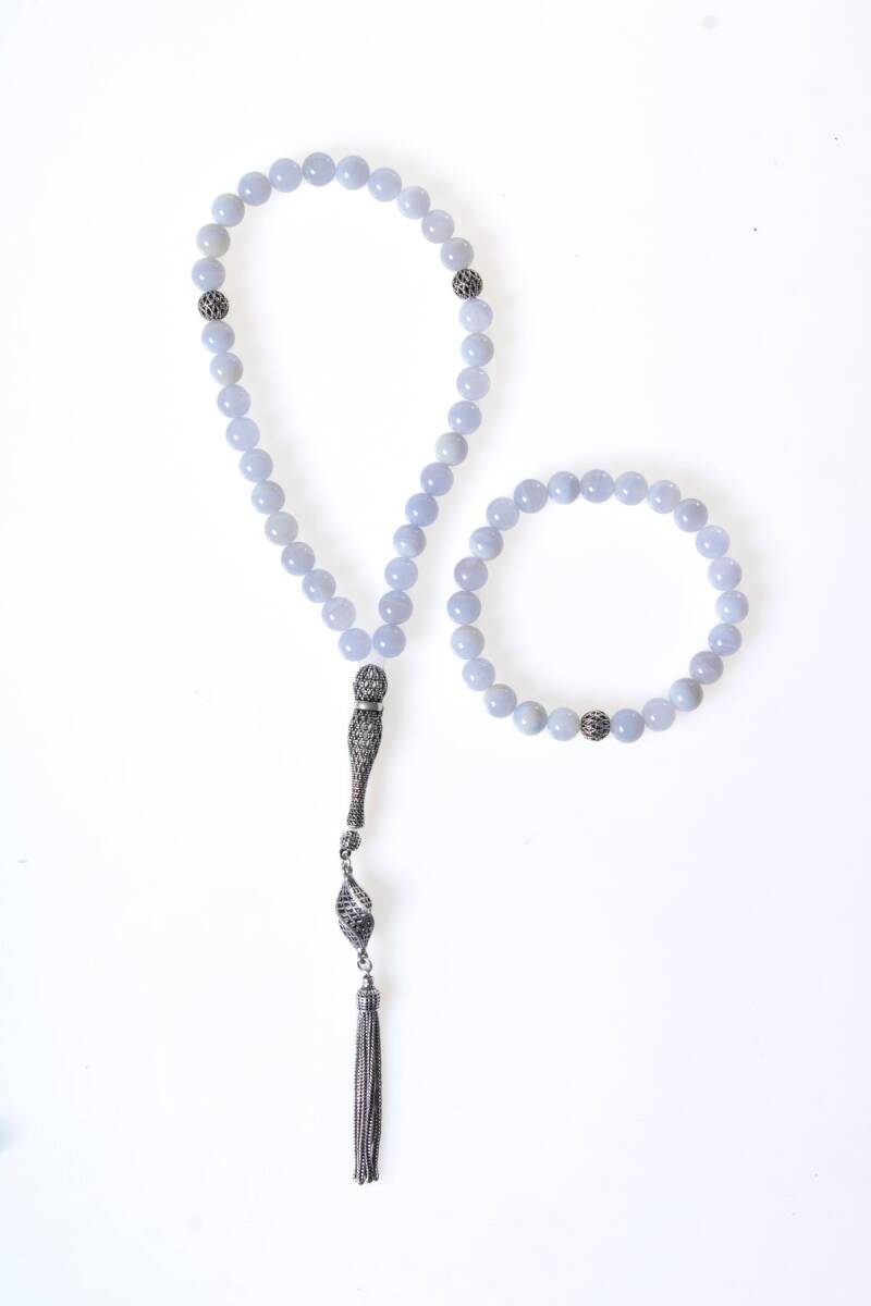 Sertifikalı Kalsedon 925 Ayar Gümüş 8 mm İmameli Tesbih & Bileklik Seti - 1