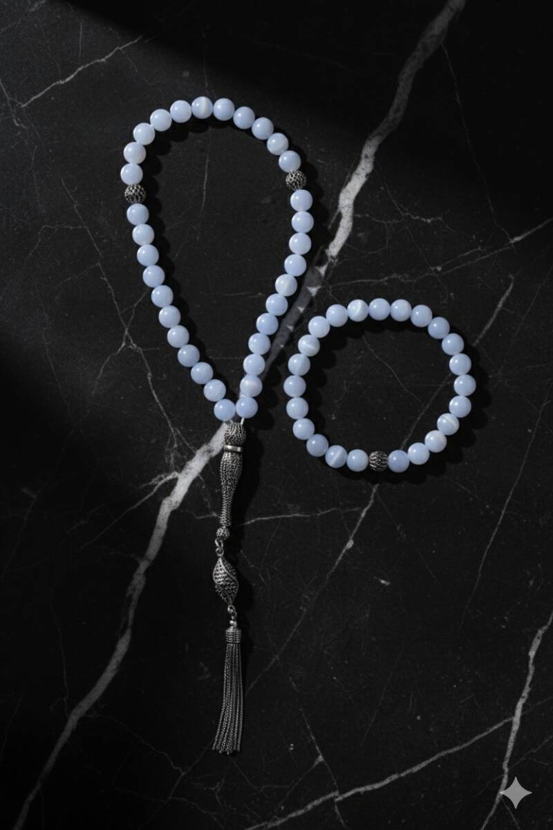 Sertifikalı Kalsedon 925 Ayar Gümüş 8 mm İmameli Tesbih & Bileklik Seti - 3