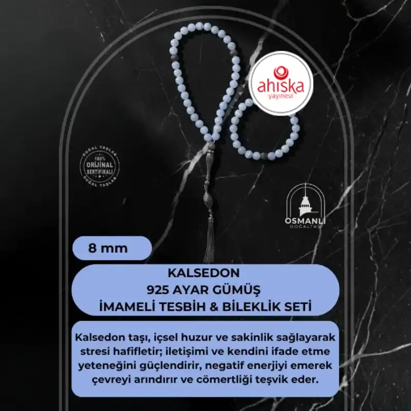 Sertifikalı Kalsedon 925 Ayar Gümüş 8 mm İmameli Tesbih & Bileklik Seti - 2