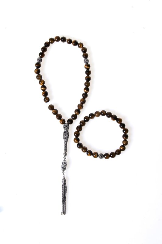 Sertifikalı Kaplan Gözü 925 Ayar Gümüş 8 mm İmameli Tesbih & Bileklik Seti - Doğal Taş