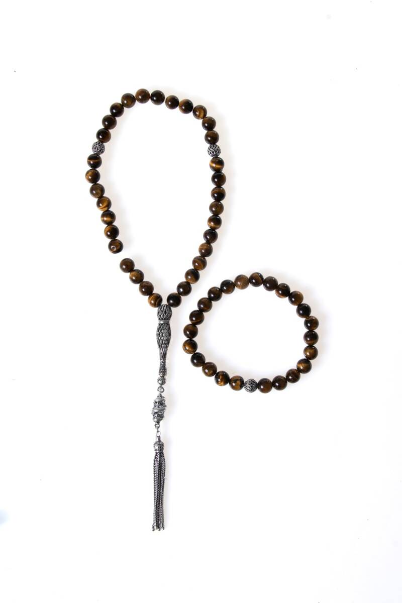 Sertifikalı Kaplan Gözü 925 Ayar Gümüş 8 mm İmameli Tesbih & Bileklik Seti - 1