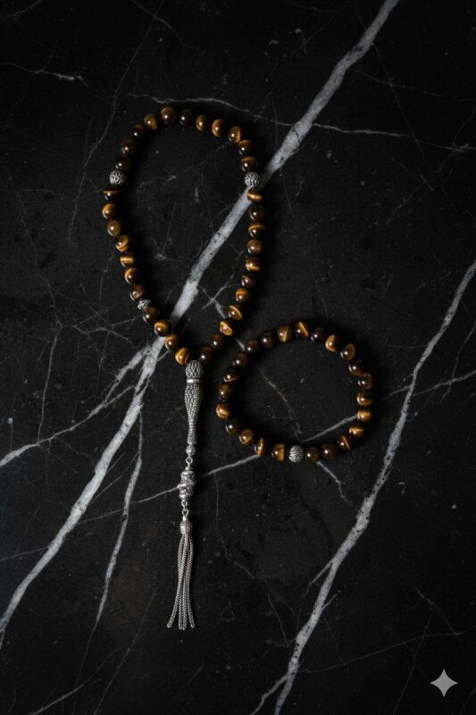 Sertifikalı Kaplan Gözü 925 Ayar Gümüş 8 mm İmameli Tesbih & Bileklik Seti - 3