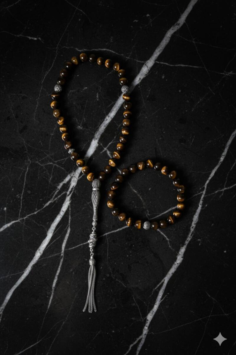 Sertifikalı Kaplan Gözü 925 Ayar Gümüş 8 mm İmameli Tesbih & Bileklik Seti - 3