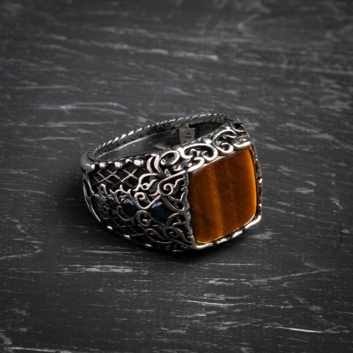 Sertifikalı Kaplan Gözü 925 Ayar Gümüş Osmanlı Motifli Yüzük (Erkek) - 3