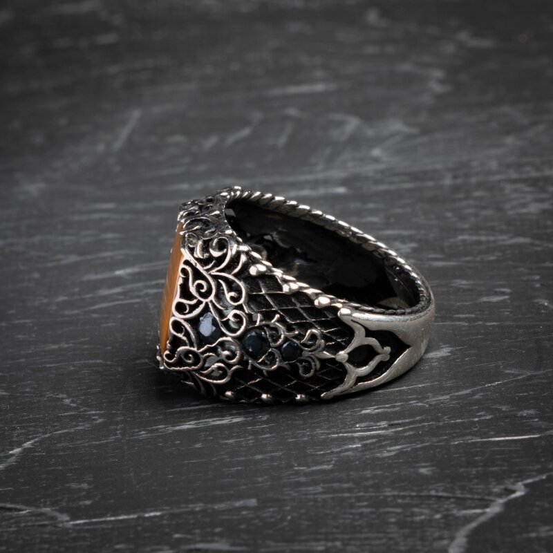 Sertifikalı Kaplan Gözü 925 Ayar Gümüş Osmanlı Motifli Yüzük (Erkek) - 4