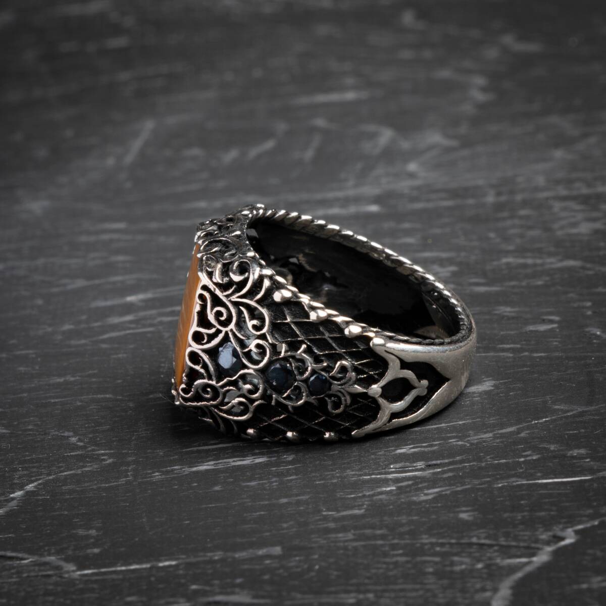 Sertifikalı Kaplan Gözü 925 Ayar Gümüş Osmanlı Motifli Yüzük (Erkek) - 4