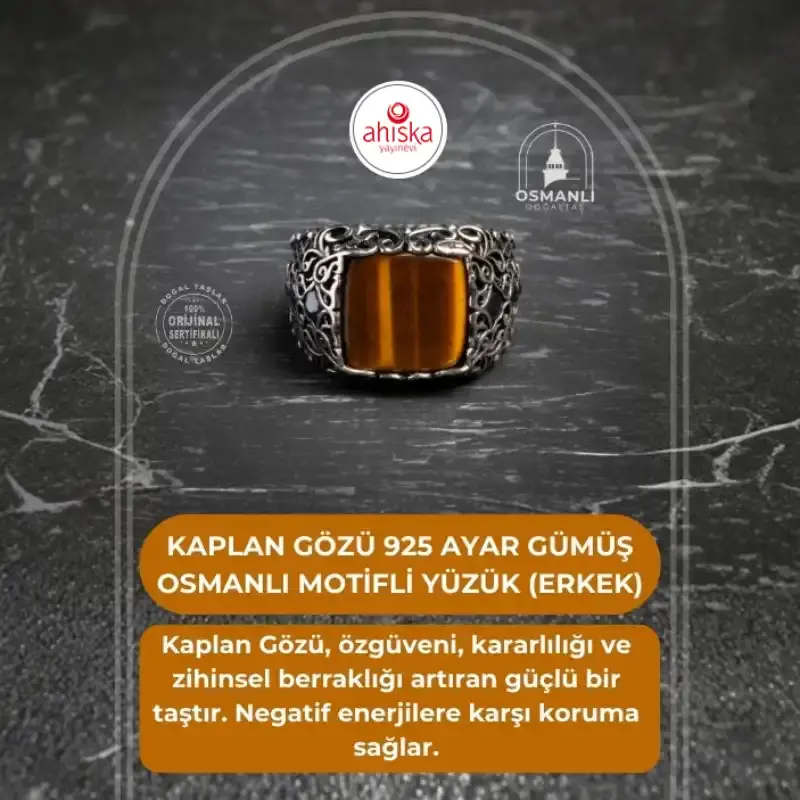 Sertifikalı Kaplan Gözü 925 Ayar Gümüş Osmanlı Motifli Yüzük (Erkek) - 2