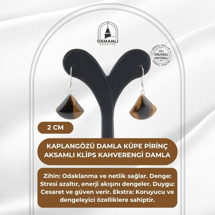 Sertifikalı Kaplangözü Damla Küpe - 2cm Pirinç Aksamlı Klips Kahverengi Damla - 2