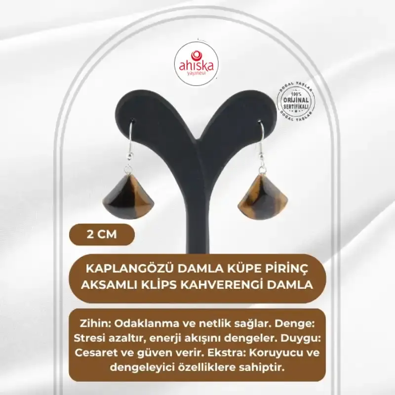 Sertifikalı Kaplangözü Damla Küpe - 2cm Pirinç Aksamlı Klips Kahverengi Damla - 1