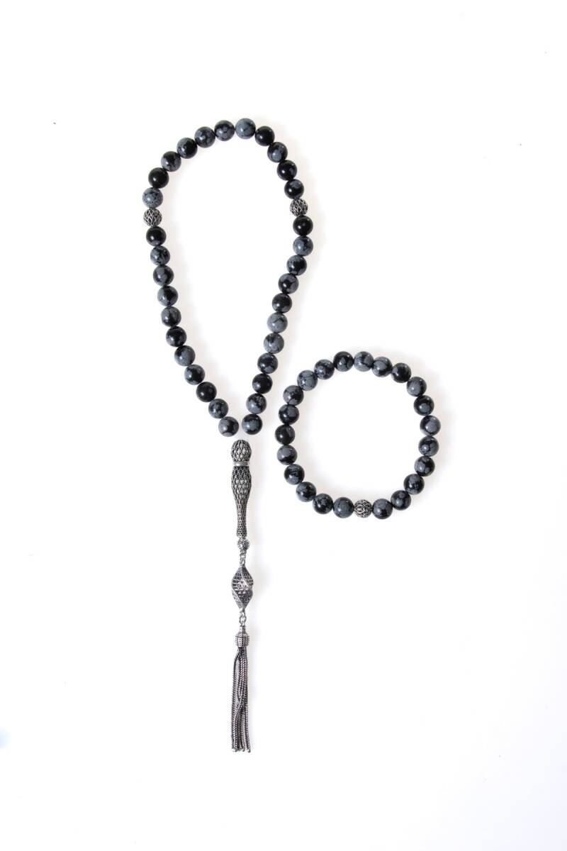 Sertifikalı Karlı Obsidyen 925 Ayar Gümüş 8 mm İmameli Tesbih & Bileklik Seti - 1