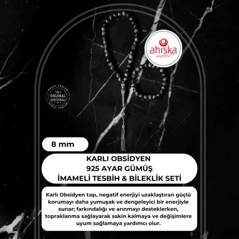 Sertifikalı Karlı Obsidyen 925 Ayar Gümüş 8 mm İmameli Tesbih & Bileklik Seti - 2