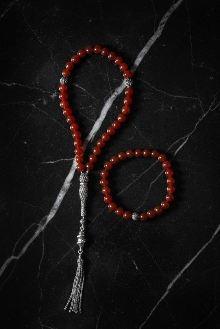 Sertifikalı Kırmızı Akik 925 Ayar Gümüş 8 mm İmameli Tesbih & Bileklik Seti - 3