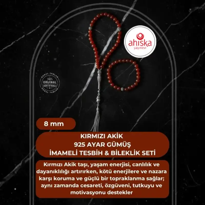 Sertifikalı Kırmızı Akik 925 Ayar Gümüş 8 mm İmameli Tesbih & Bileklik Seti - 2